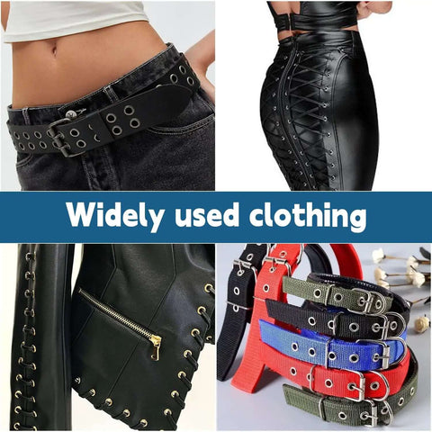 Black leather and denim clothing with eyelet details, belts in various colors, suitable for DIY fabric crafts using grommet kit.