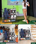 Four Golf Bag Storage Organizer Stand, Extra Large Golf Bag Rack For Garage And Basement in various settings with golf bags.