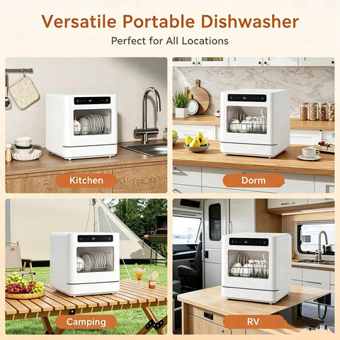 Compact Countertop Dishwasher With Four Smart Wash Cycles And Built In Water Tank Knocks Out Daily Cleanup in kitchen and RV settings.