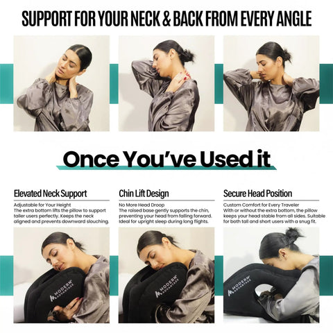 Inflatable Travel Pillow For Airplanes With Adjustable Bottom Support And Chin Lift, Real Neck Pain Relief In Use