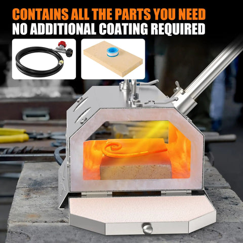 Kickstart Your Forge With This Beginner Blacksmith Forge Kit Stainless Steel Double Door 30 PSI Regulator One Burner For Knife Making And Blacksmithing At Home Melting And Casting shown with accessories