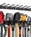 Garage Wall Organizer With Heavy Duty Tool Storage Rack 64 Inch Wide Adjustable Double Layer Hooks 400 Lbs Capacity Carbon Steel Wall Mount Holder For Shovels Rakes Ladders And Power Tools displayed with tools hanging.