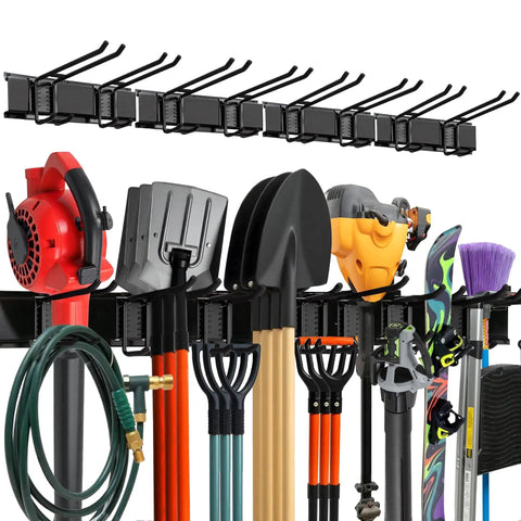 Garage Wall Organizer With Heavy Duty Tool Storage Rack 64 Inch Wide Adjustable Double Layer Hooks 400 Lbs Capacity Carbon Steel Wall Mount Holder For Shovels Rakes Ladders And Power Tools displayed with tools hanging.