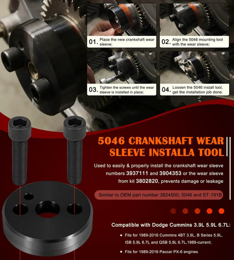 One Stop Front Crankshaft Seal And Wear Sleeve Install Tool Kit For Dodge Cummins 3.9L 5.9L 6.7L Diesel Engines with instructions.