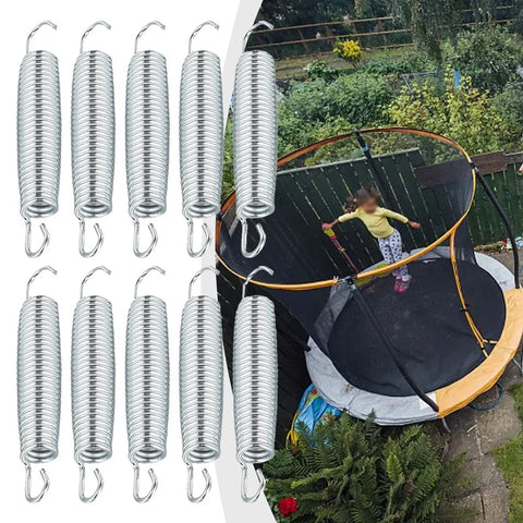 Super Heavy Duty 10 Pack Steel Extension Springs With 50kg Load Capacity Perfect For Garage Doors Trailer Ramps And Farm Gear That Needs To Hold Tough Without Losing Spring Strength For A Smooth Ride, showing galvanized springs used on a trampoline.