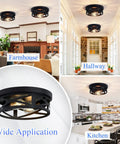 Collage showing 2 Pack Black Flush Mount Ceiling Lights in farmhouse, hallway, and kitchen settings; industrial farmhouse style