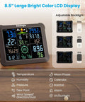 WiFi Smart Weather Station With 14 In 1 Capabilities, Real Time AI Forecasts And 24/7 Alerts, Large 8.5 Inch Display shown on wooden table.