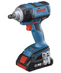 Side view of 18V EC Brushless Half Inch Impact Wrench with friction ring and through hole, blue and black design, bare tool.