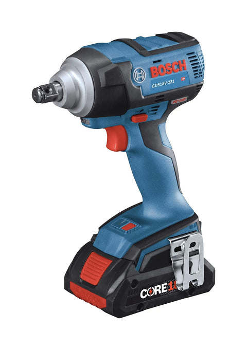 Side view of 18V EC Brushless Half Inch Impact Wrench with friction ring and through hole, blue and black design, bare tool.