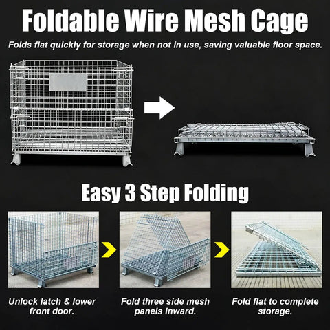 Built Strong Workhorse Collapsible Wire Mesh Storage Crate With Four Heavy Duty Swivel Casters And One Thousand Pound Capacity, shown folding.
