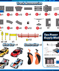 Epic Slot Car Race Track Set With Four Cars Battery Or Electric Power Glow Lights Circular Overpass Dual Lap Counter Realistic Turns For Kids Ages 6 To 12 Easy Build Gift For Boys And Girls, showing track pieces, cars, and controllers.