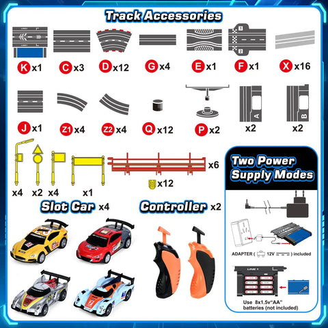 Epic Slot Car Race Track Set With Four Cars Battery Or Electric Power Glow Lights Circular Overpass Dual Lap Counter Realistic Turns For Kids Ages 6 To 12 Easy Build Gift For Boys And Girls, showing track pieces, cars, and controllers.