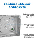 Heavy Duty 4x4 Electrical Junction Boxes With Blank Covers, 21 Cu In Capacity, One And One Half Inch Deep, Black Covers Included, 10 Pack, Steel Metal Outlet Boxes UL Listed, metal box with knockouts