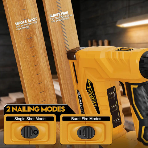 Compact 3 In 1 Cordless Staple Gun And 18 Gauge Brad Nailer Kit showing single shot and burst fire mode switches.