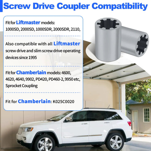 Screw Drive Coupler for Garage Door Opener Systems, Aluminum Sprocket Replacement shown next to opened garage.