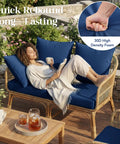 Woman relaxing on Outdoor Chair Cushions Set Of 4 For Patio Furniture 24x24 Inch Deep Seat Cushions With 24x22 Inch Backrest Waterproof Fade Resistant Navy Blue