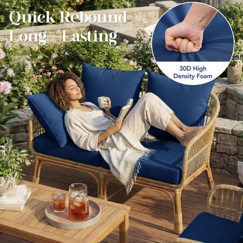 Woman relaxing on Outdoor Chair Cushions Set Of 4 For Patio Furniture 24x24 Inch Deep Seat Cushions With 24x22 Inch Backrest Waterproof Fade Resistant Navy Blue