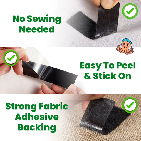Sticky Back Fabric Strips With Adhesive showing no sew, easy peel and stick, heavy duty double sided hook and loop fasteners.