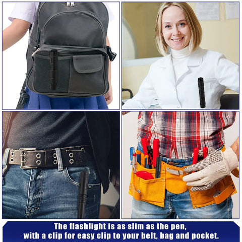 Mini LED Flashlight With Clip on backpack, shirt pocket, belt, and tool belt for hands-free use. Pocket sized, water resistant penlight.
