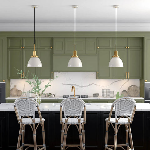 12 Inch Wide Pendant Light With Metal Shade In Pearled White And Brass Finish, Adjustable 8 Ft Cord, Hardwired Dome Fixture Above Kitchen Island