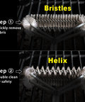Wire And Helix 2 In 1 Grill Brush showing bristles and helix cleaning steps for efficient grill cleaning.