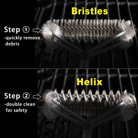Wire And Helix 2 In 1 Grill Brush showing bristles and helix cleaning steps for efficient grill cleaning.