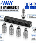 Top Shelf 4 Way Straight Air Manifold Splitter With Quarter Inch Quick Couplers Solid Aluminum Body and Heavy Duty Steel Fittings for Air Compressor Setup showcasing quick couplers and manifold.