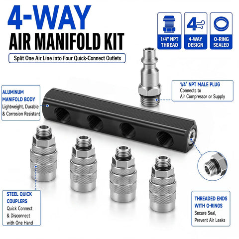 Top Shelf 4 Way Straight Air Manifold Splitter With Quarter Inch Quick Couplers Solid Aluminum Body and Heavy Duty Steel Fittings for Air Compressor Setup showcasing quick couplers and manifold.