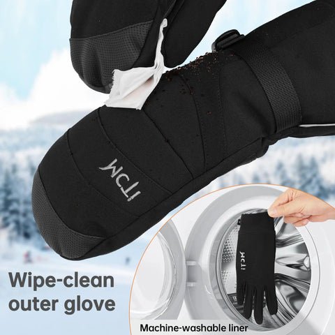 2 In 1 Winter Ski Gloves For Men Waterproof Snowboard Mittens with wipe-clean shell and machine-washable liner