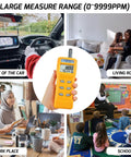 Must Have Handheld CO2 Meter With Alarm 0 To 9999ppm Carbon Dioxide Detector Temperature And Humidity Readouts NDIR Sensor Air Quality Monitor For Home Office Classroom And Travel shown in various settings.