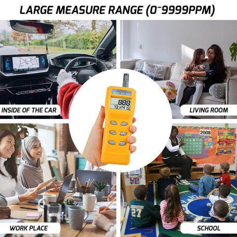 Must Have Handheld CO2 Meter With Alarm 0 To 9999ppm Carbon Dioxide Detector Temperature And Humidity Readouts NDIR Sensor Air Quality Monitor For Home Office Classroom And Travel shown in various settings.