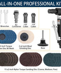 Heavy Duty Right Angle Air Die Grinder Delivers 20K RPM Torque With 22 Pc Roll Lock Sanding Disc Bundle with tools and discs.