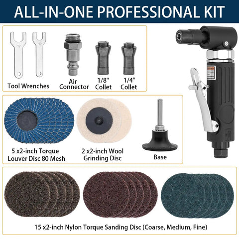 Heavy Duty Right Angle Air Die Grinder Delivers 20K RPM Torque With 22 Pc Roll Lock Sanding Disc Bundle with tools and discs.