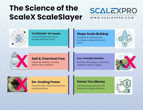 The Science of the ScaleX ScaleSlayer infographic highlighting benefits like de-scaling power and eco-friendly solution.
