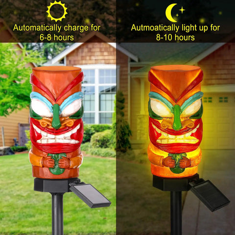 2 Pack 17 Inch Tiki Solar Lights Outdoor Garden Decor Waterproof Resin Statues That Automatically Glow At Night