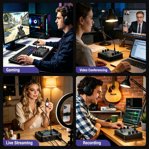 All In One Live Sound Card Mixer With Gooseneck Mic And Voice Changer For Streaming Gaming And Recording setup in various uses
