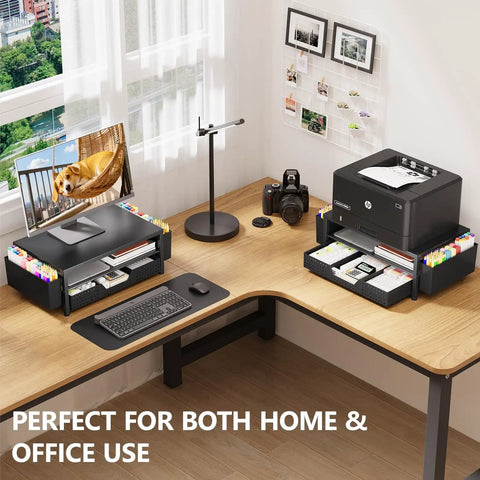 Home office setup with Ergonomic Monitor Riser With Drawer And Two Pen Holders, Printer And Laptop Stand, Black.