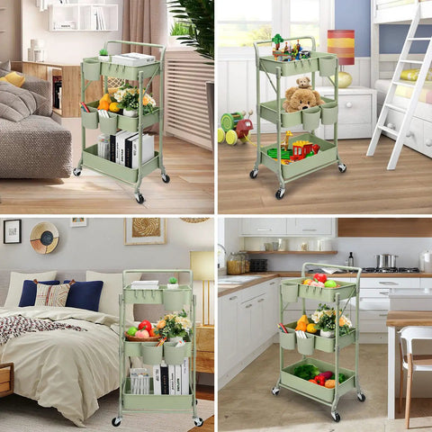 Go To Space Saving Foldable 3 Tier Rolling Cart With Wheels, Heavy Duty Metal Utility Trolley Organizer for home or office use