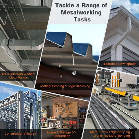 Collage showcasing uses for Heavy Duty 15.25 Inch Sheet Metal Folding Hemming Tool Handheld Bender in various metalworking tasks