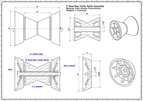 3 Inch Blue Polyurethane Boat Trailer Bow Bell Roller Kit diagram with measurements, includes roller bell and bolt details.