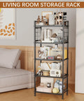 Total Game Changing Five Tier Pantry Shelving With Chunky Wooden Boards And Heavy Duty Adjustable Wire Grids And Super Sturdy Storage Rack For Kitchen Closet Or Laundry Room Setup In Matte Black displayed in a living room with decor.
