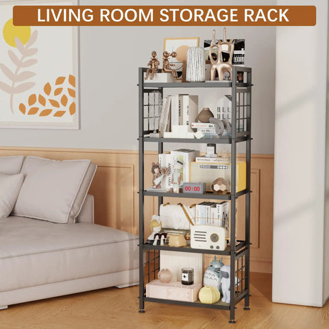 Total Game Changing Five Tier Pantry Shelving With Chunky Wooden Boards And Heavy Duty Adjustable Wire Grids And Super Sturdy Storage Rack For Kitchen Closet Or Laundry Room Setup In Matte Black displayed in a living room with decor.