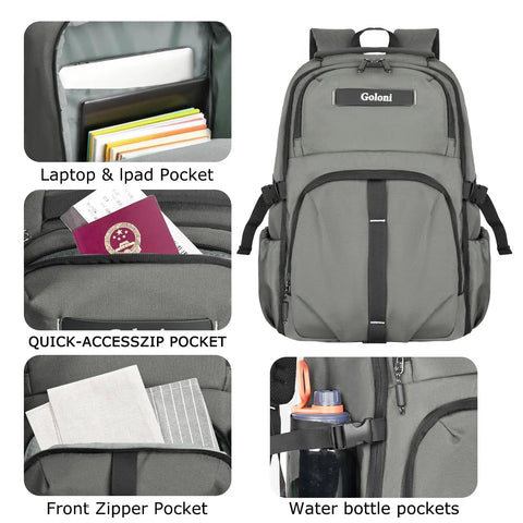 Airline Approved 35L Travel Backpack Under Seat Carry On Water Resistant 15.6 Inch Laptop Compartment For Men and Women, close-up view of compartments and pockets.