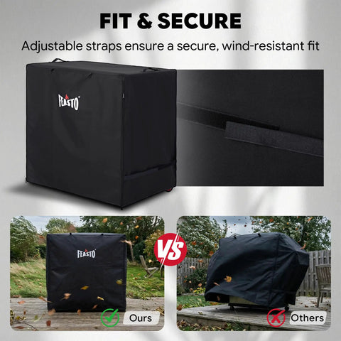 36 Inch Outdoor Prep Table Cover For Grill Island Setup And Kitchen Island All Weather Waterproof 600D Cart Cover With Roll Up Zippered Door Fits Outdoor Storage Cabinets Black showing secure fit with adjustable straps.