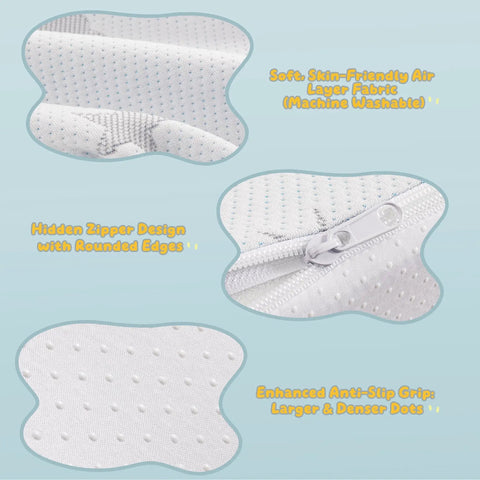 Close-up of Cozy Foam Bed Rail Bumpers for Toddlers showing breathable air layer cover, hidden zipper, and anti-slip grip details.