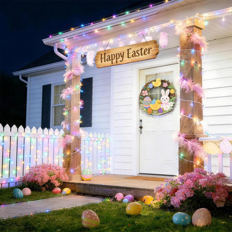 Pastel Outdoor String Lights 66ft 200 LED With 8 Modes Waterproof decorating porch and wreath for Easter theme