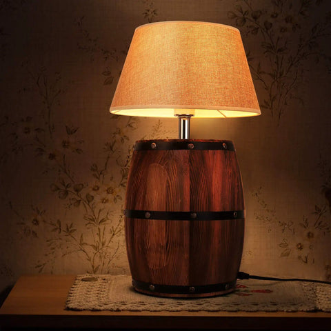 Antique Modern Wood Wine Barrel Desk Lamp With Fabric Shade Plug In Table Lamp With Switch For Bedroom And Living Room E26 Max 60W Incandescent Or LED Compatible Bulb Not Included 20.07 Inches Tall And 8.66 Inches Wide