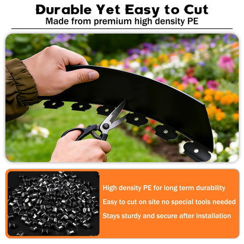 Super Handy 4 Inch Tall Landscape Edging Kit With 120 Feet Of Flexible Garden Border And 210 Spikes To Keep Your Yard Looking Awesome Black being cut easily with scissors outdoors