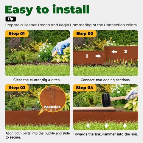 Steps to install Pre-Rusted Weathering Steel Landscape Edging Kit For Gardens And Walkways, 20 Foot Kit with snap-fit panels.