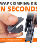 Close-up of hand swapping crimping dies on Pro Grade Crimping Tool Kit With Six Interchangeable Dies